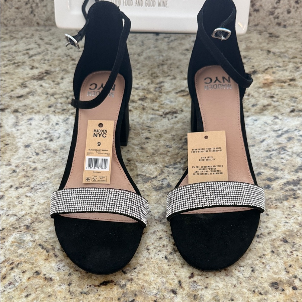 Madden NYC Rhinestone Heel Sandals Black Size 9 NWT Low Block Heel Dressy